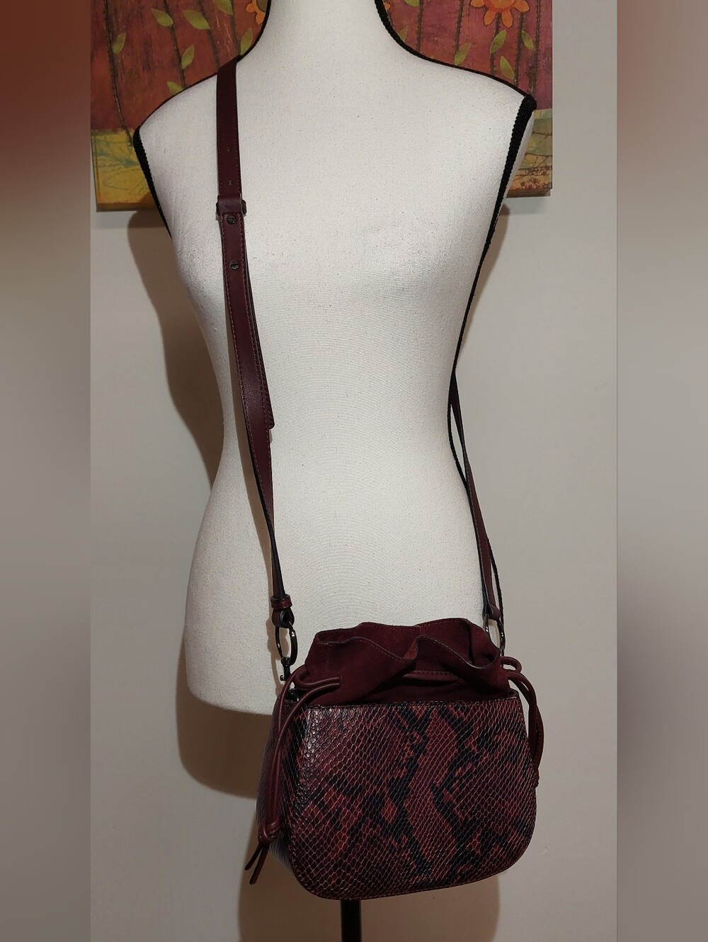 Vince Camuto Maroon Snake-Print Crossbody Bucket Bag